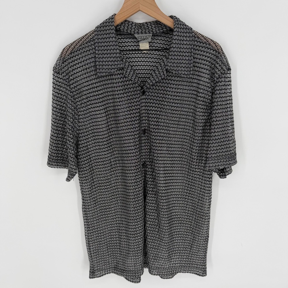 VTG 90s Pop Icon Mens XL Mesh Button Down Shirt Black Chrome Y2K Techno Rave